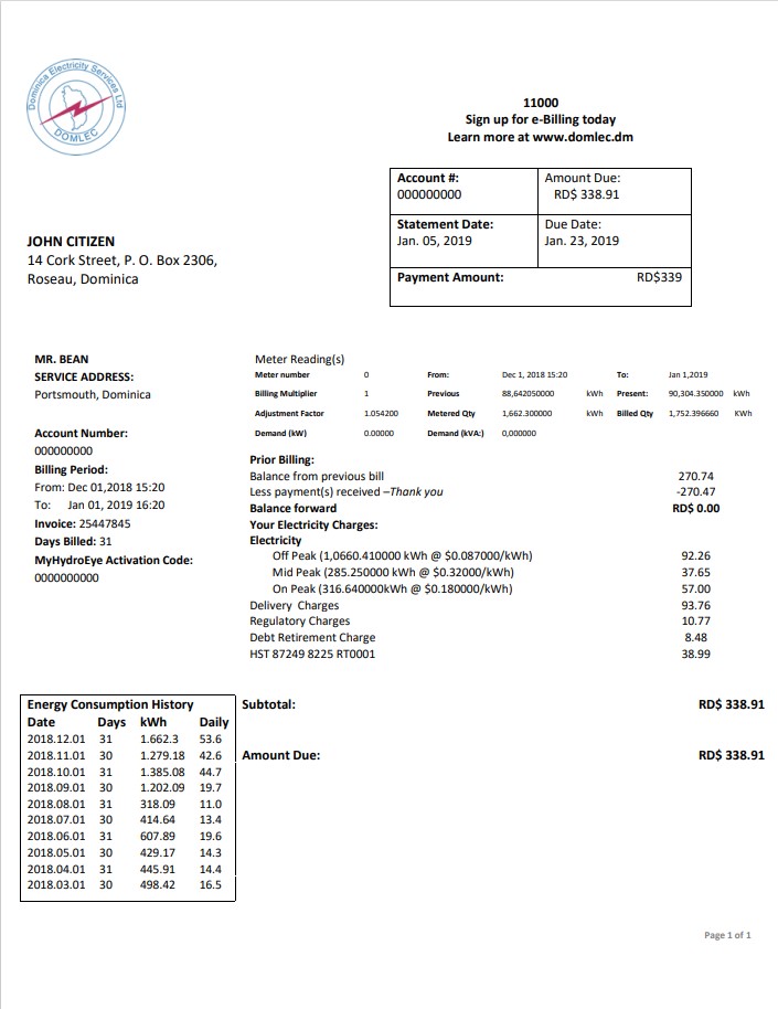 Dominica Electricity Services Limited electricity utility bill template in Word and PDF format